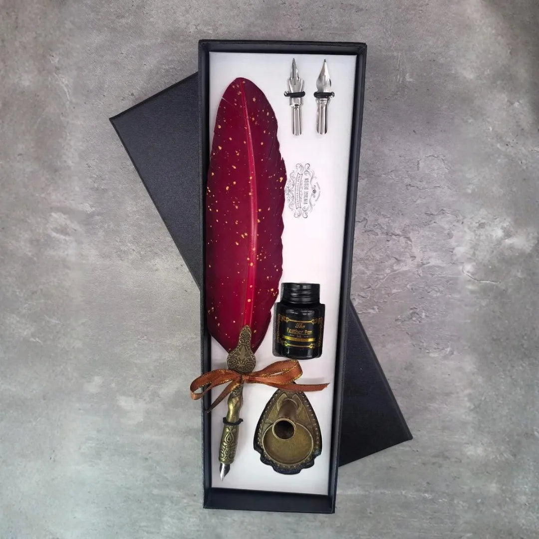 Vintage Feather Pen Set With Premium Ink, Replaceable Nibs, Elegant Gift Box