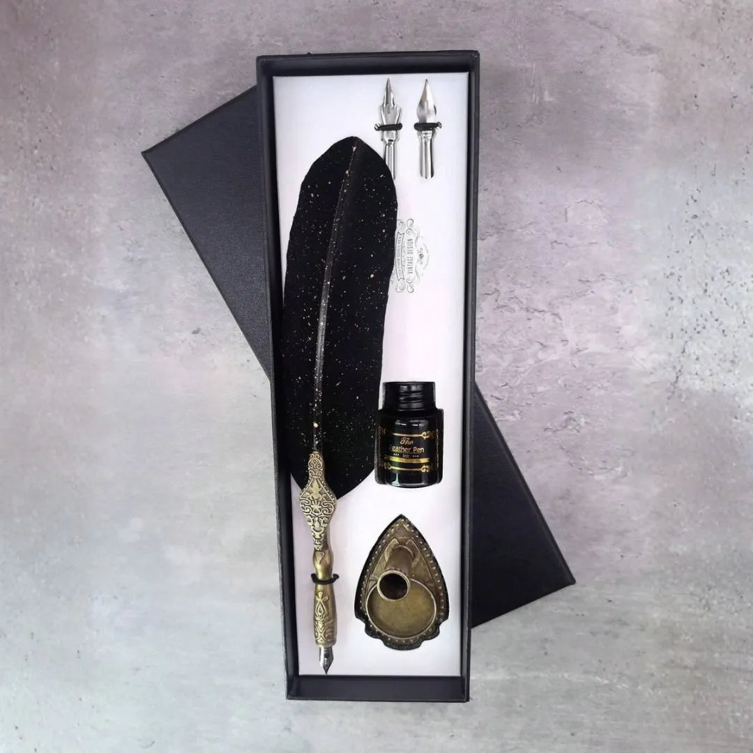 Vintage Feather Pen Set With Premium Ink, Replaceable Nibs, Elegant Gift Box
