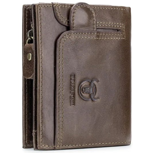 Men's Leather Wallet With RFID Protection, 15 Card Slots, Secure Zip Storage