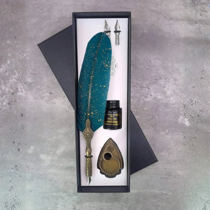 Vintage Feather Pen Set With Premium Ink, Replaceable Nibs, Elegant Gift Box