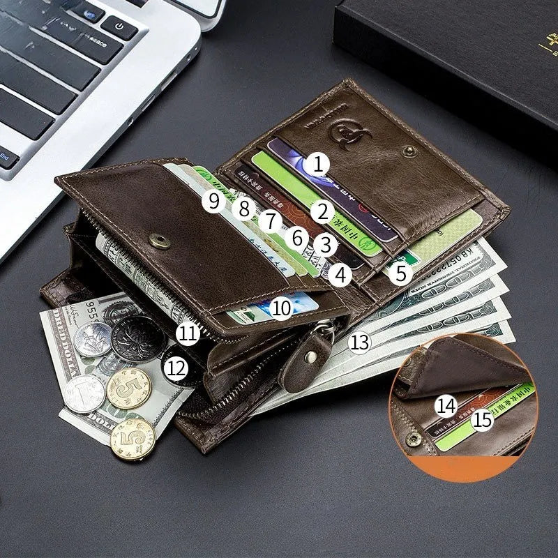 Men's Leather Wallet With RFID Protection, 15 Card Slots, Secure Zip Storage