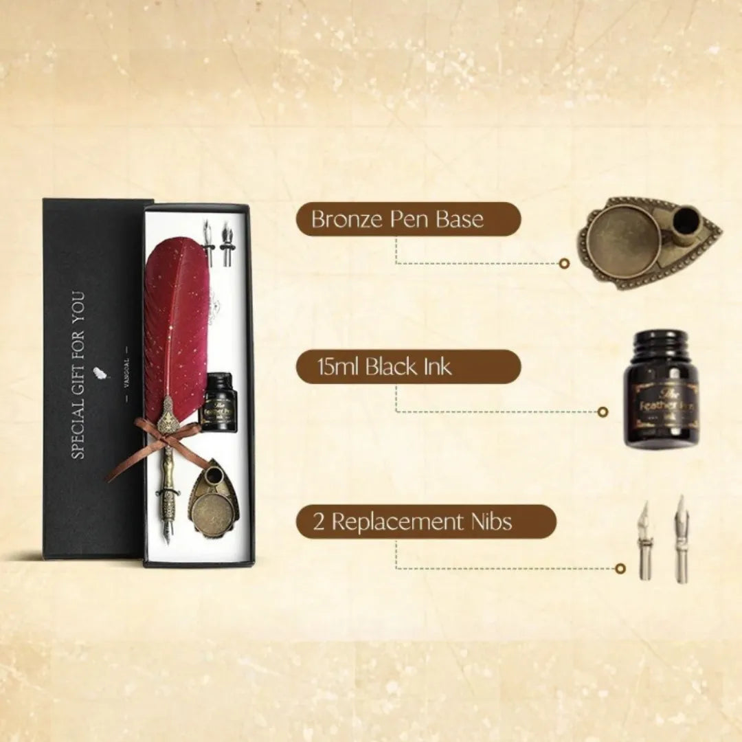Vintage Feather Pen Set With Premium Ink, Replaceable Nibs, Elegant Gift Box