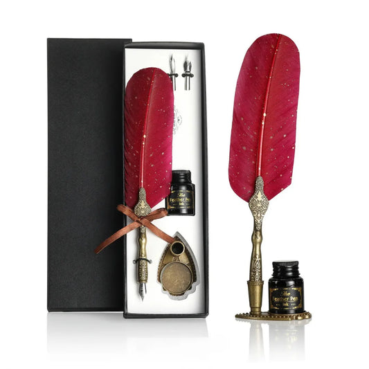 Vintage Feather Pen Set With Premium Ink, Replaceable Nibs, Elegant Gift Box