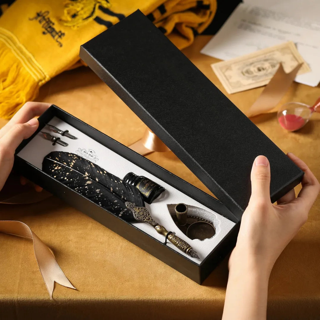 Vintage Feather Pen Set With Premium Ink, Replaceable Nibs, Elegant Gift Box