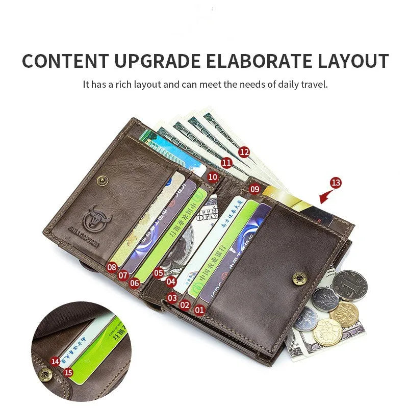 Men's Leather Wallet With RFID Protection, 15 Card Slots, Secure Zip Storage
