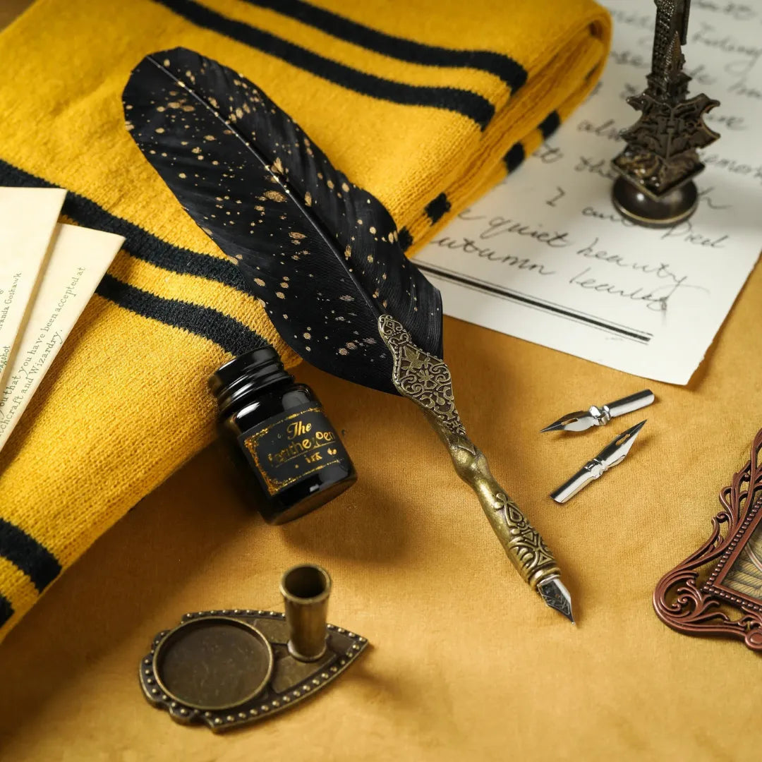 Vintage Feather Pen Set With Premium Ink, Replaceable Nibs, Elegant Gift Box
