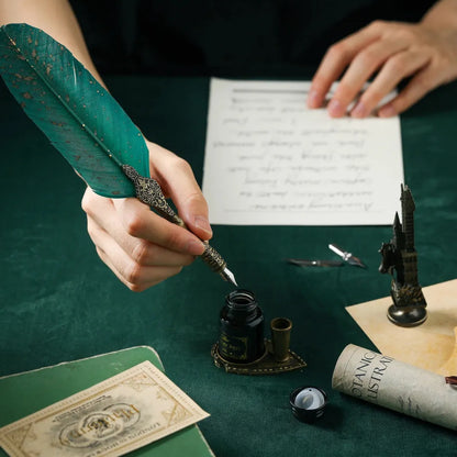Vintage Feather Pen Set With Premium Ink, Replaceable Nibs, Elegant Gift Box
