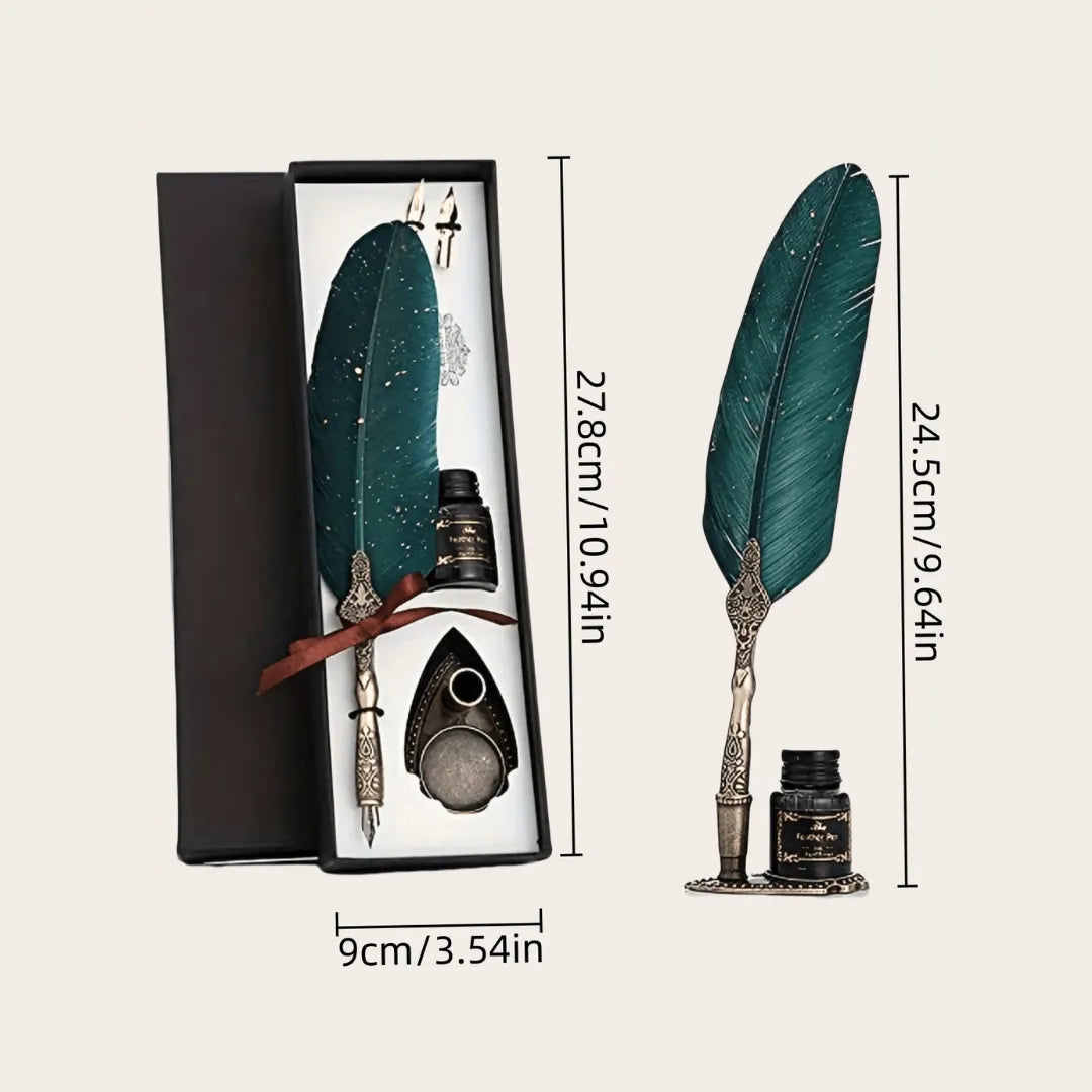 Vintage Feather Pen Set With Premium Ink, Replaceable Nibs, Elegant Gift Box