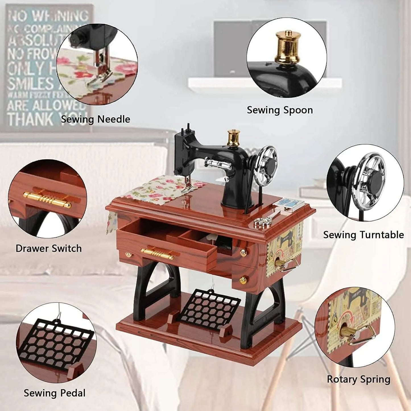 Vintage Sewing Machine Music Box With Mechanical Movement, Classic Melody